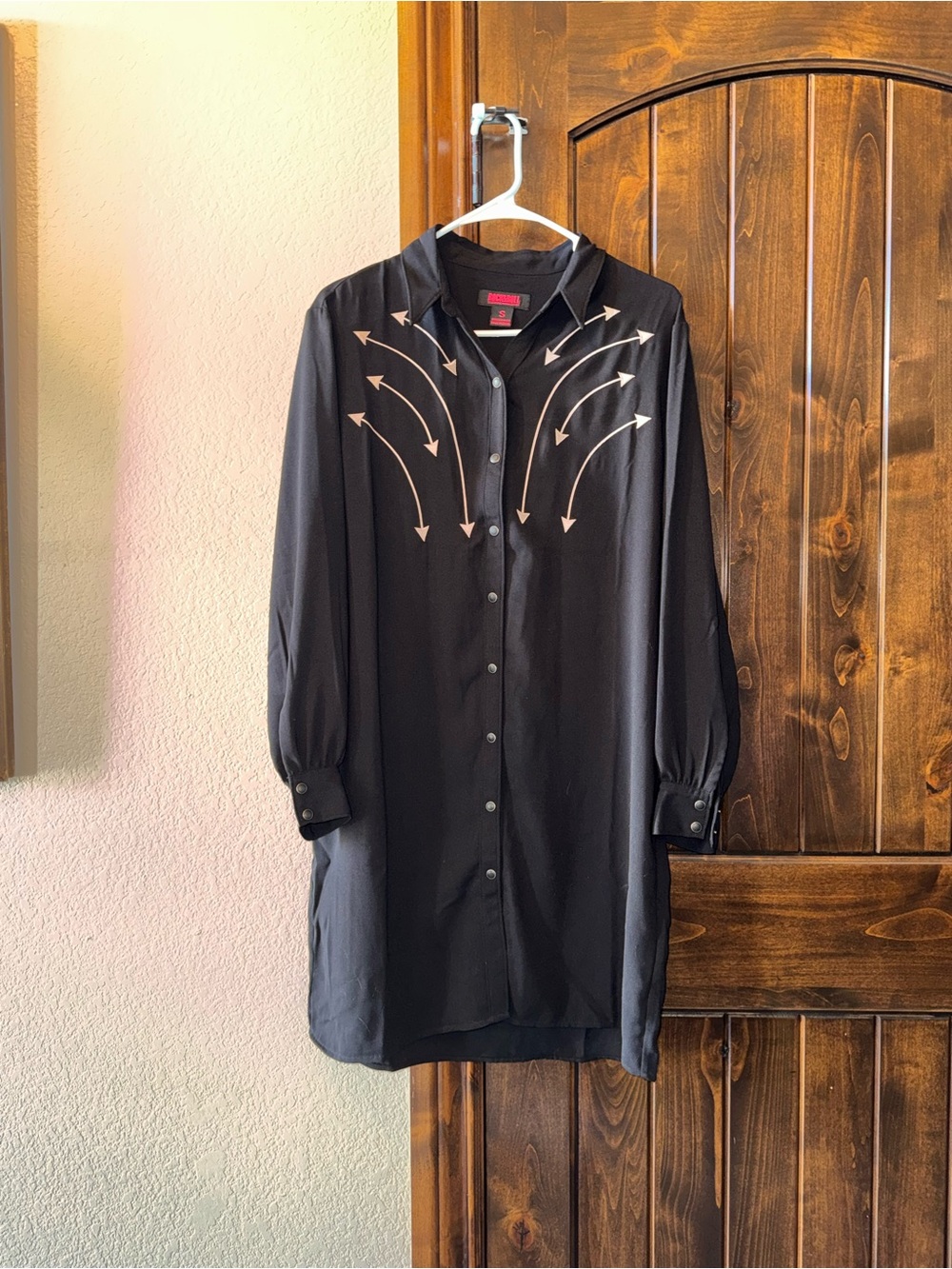Black Button-Down Shirt Dress with Arrow Embroidery